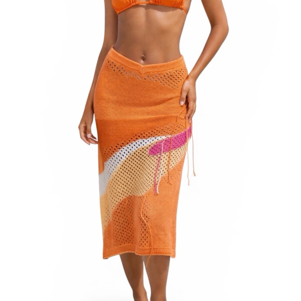 Anthropologie House of Sunny Pompelmo Sunset Open Knit Skirt Side Split Threads